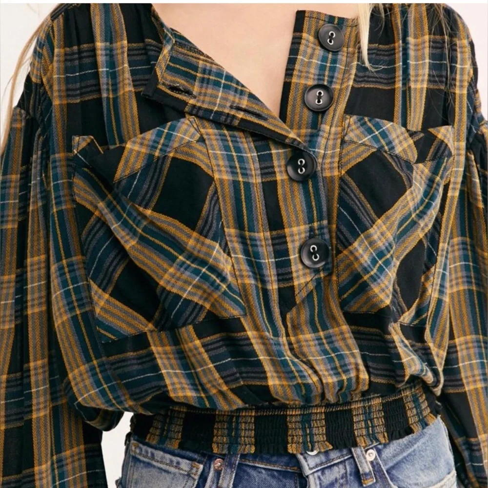 Free People Plaid Crop Top Size L Black Blue Tan Boho Prairie Country Girl Fall